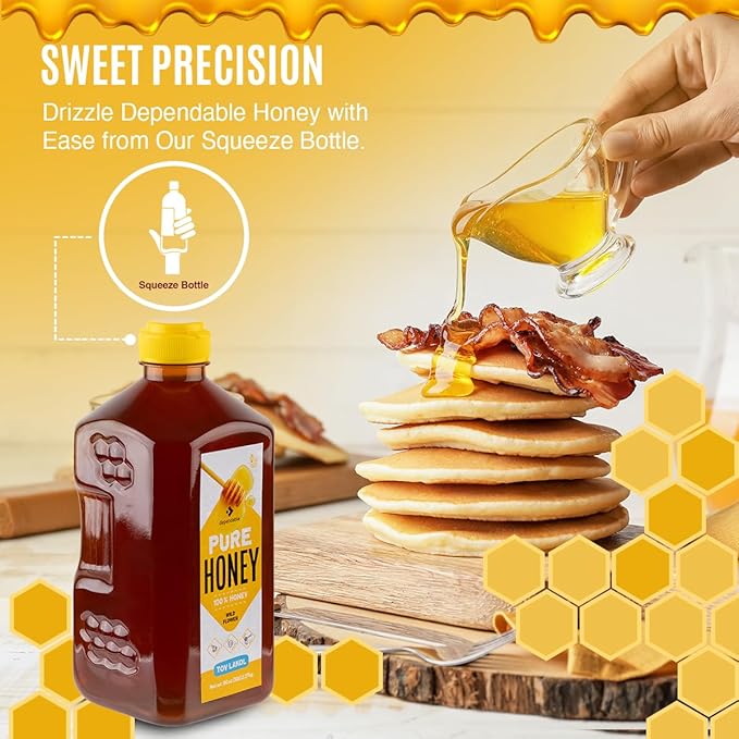 Dependable Food Raw Honey - 5 Lb. - Squeeze Bottle - 100% Pure, Raw, All Natural, Wildflower Honey - Hive to Bottle - 80 oz