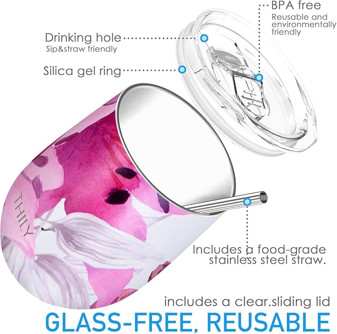 THILY Vacuum Insulated Stemless Wine Tumbler 12 oz Stainless Steel Wine Glass with Lid and Straw, Keep Cold or Hot for Coffee, Cocktails, 2 Pack(Lotus Flower + Cherry Blossoms)