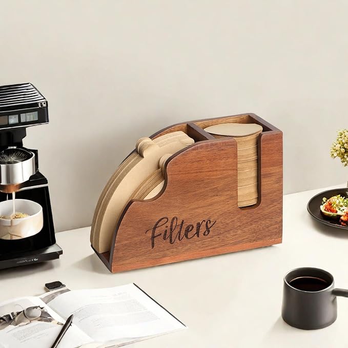 Acacia Wood Coffee Filter Holder - V60 Size 01 & 02 Cone Coffee Filters Storage Organizer, Disposable K-Cup Filter Holder, Coffee Bar Decor