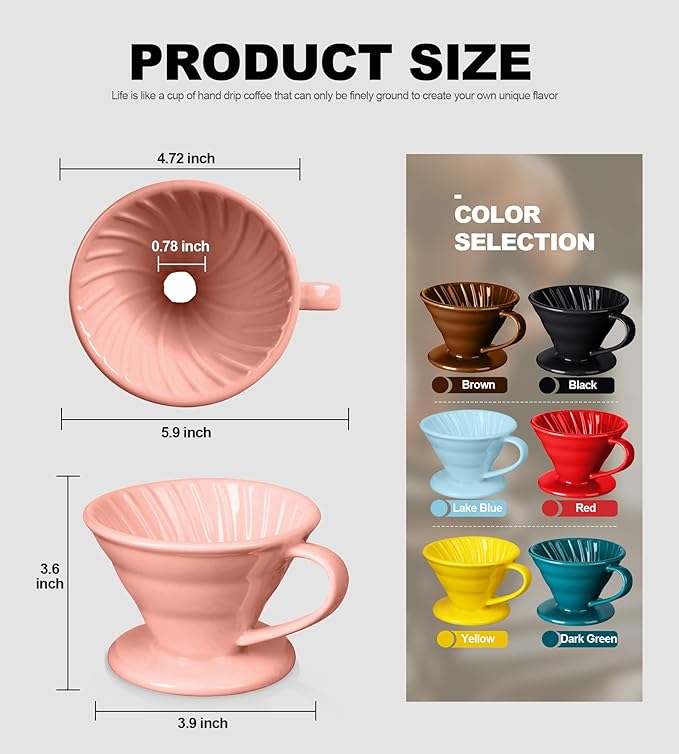 Pour Over Coffee Dripper - Ceramic Pour Over Coffee Maker Cone, Porcelain Coffee Drip, Pour Over Single Cup, Manual Brew Maker for Home, Cafe, Office - 1-4Cup, V60 Size 02 (Light Coral)