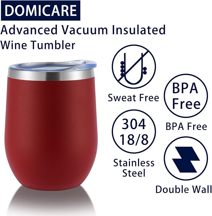 DOMICARE Stainless Steel Wine Tumbler Bulk with Lid, Personalized Insulated Tumblers Set, 12oz Travel Coffee Cups Pack of 4, Red