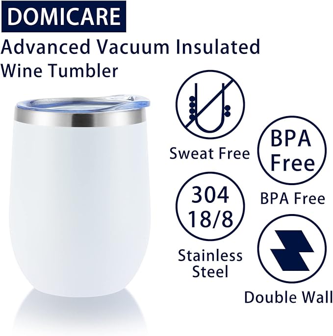 DOMICARE Stainless Steel Wine Tumbler Bulk with Lid, Personalized White Insulated Tumblers Set, 12oz Travel Coffee Cups Pack of 4