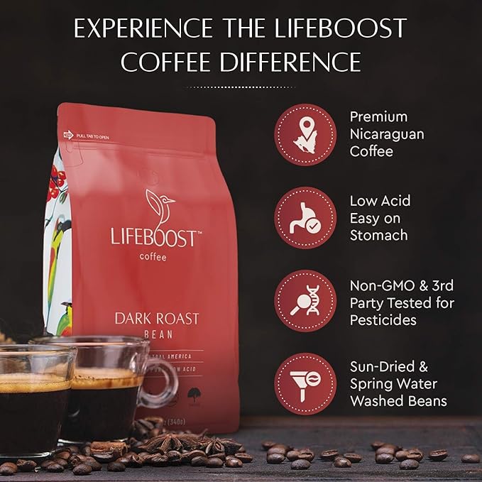 Lifeboost Dark Organic Coffee Beans - Single Origin Non-GMO Dark Roast Low Acid Coffee Beans - Third Party Tested For Mycotoxins & Pesticides - Whole Bean - 12 Ounces