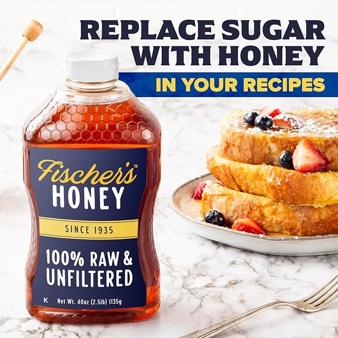 Fischer's 100% Pure, Raw & Unfiltered Honey, 40 oz – USA Made Honey – All-Natural Sweetener – Rich Flavor Profile, Packed with Nutrients