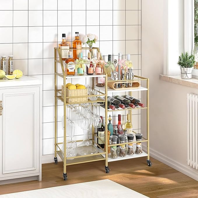 VINAEMO Gold Bar Cart With Wine Glass Holder, Stand for Home, Small Mini Bar for Whiskey Wine, Liquor Cart, Alcohol Cabinet for Kitchen, Dining Room