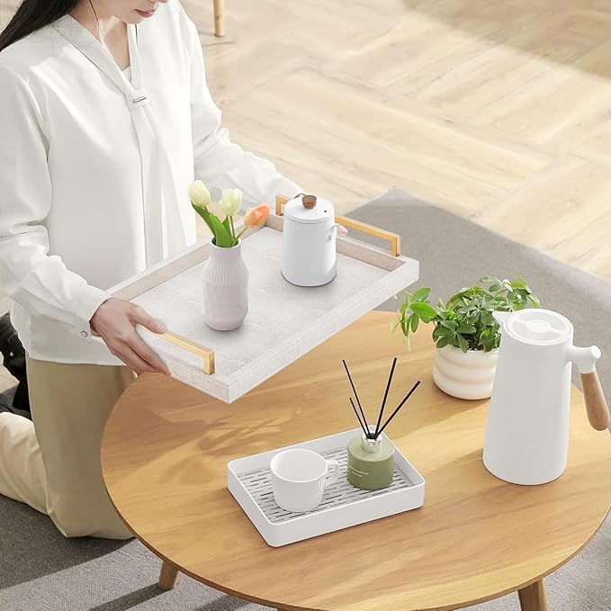 Ivory Shagreen Decorative Tray Large Rectangle Coffee Table Tray for Ottoman Faux Leather Serving Tray with Brushed Gold Handles