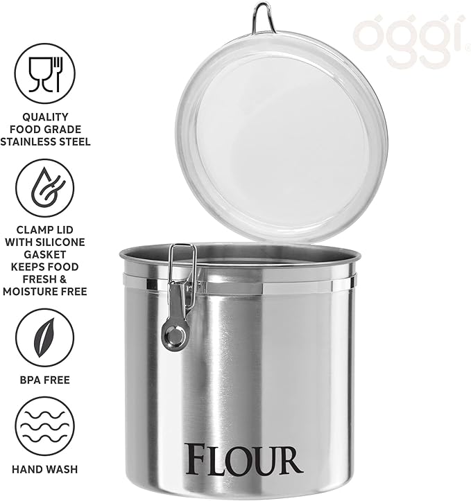 OGGI Stainless Steel Canister 62oz - Airtight Clamp Lid, Clear See-Thru Top. Large Size 5" x 7.5" & Jumbo 8" Stainless Steel Flour Clamp Canister - Airtight Food Storage Container Ideal, Dry Foods