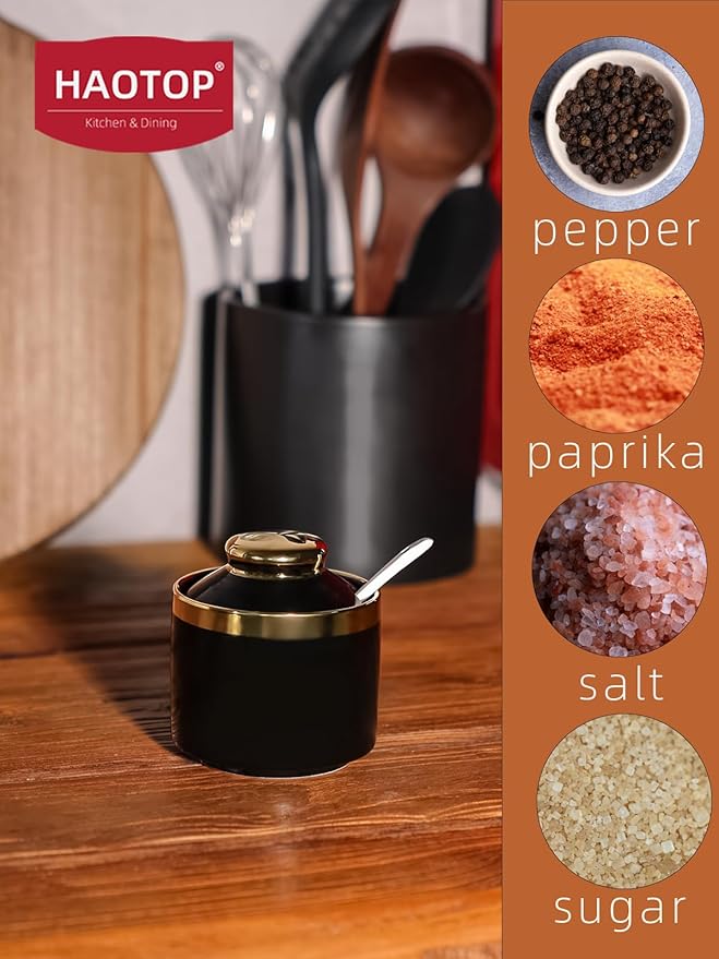 HAOTOP 8 oz Sugar Bowl with Lid and Spoon, Simple Ceramic Sugar Jar Sugar Dispenser Sugar Container Coffee Bar Accessories, Modern Kitchen Countertop Canisters, Black