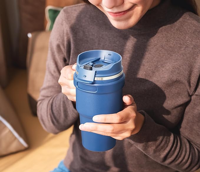 CIVAGO 20 oz Tumbler Mug with Lid and Straw, Insulated Travel Coffee Mug with Handle, Double Wall Stainless Steel Vacuum Coffee Tumbler, Thermal Coffee Cup, Flip lid, Indigo Black