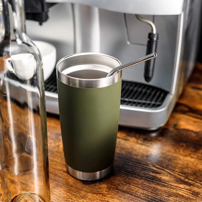 COMOOO 20oz Double Wall Vacuum Insulated Travel Mug, Stainless Steel Tumbler with Lid and Straw Durable Powder Coated Insulated Coffee Cup for Cold & Hot Drinks(Army Green, 6 Pack)