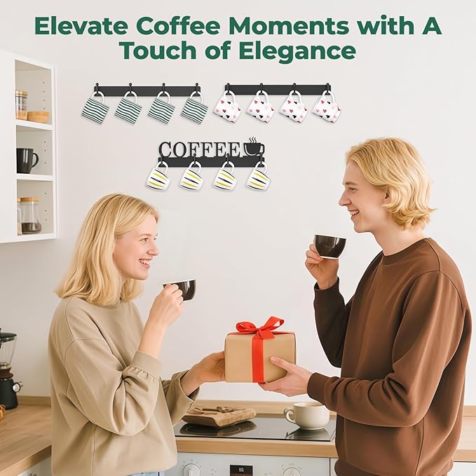 EsLuker.ly Mug Holder Rack Coffee Cup Hanger Wall Mount, Metal Wall Cup Shelf Organizer Stand with 12 Hooks, Fits Most Mugs Display for Home Kitchen, Space-Saving Coffee Bar Enhancer, Set of 3, Black