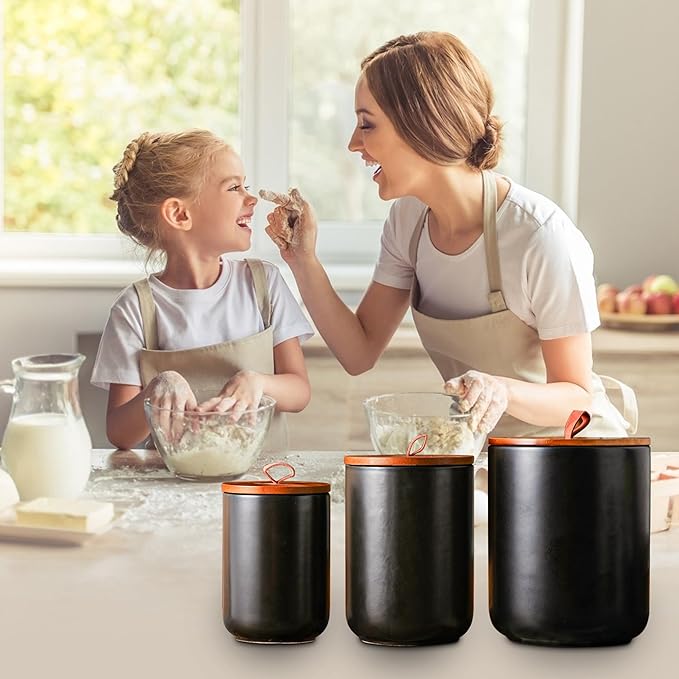 JOJUNO Black Ceramic Food Storage Canister Set (30 oz, 48 oz, 82 oz) with Bamboo Lids, 3-Piece Airtight Jars for Flour, Sugar, Coffee, Tea, Oats, Spice – Kitchen Storage Containers with Lids
