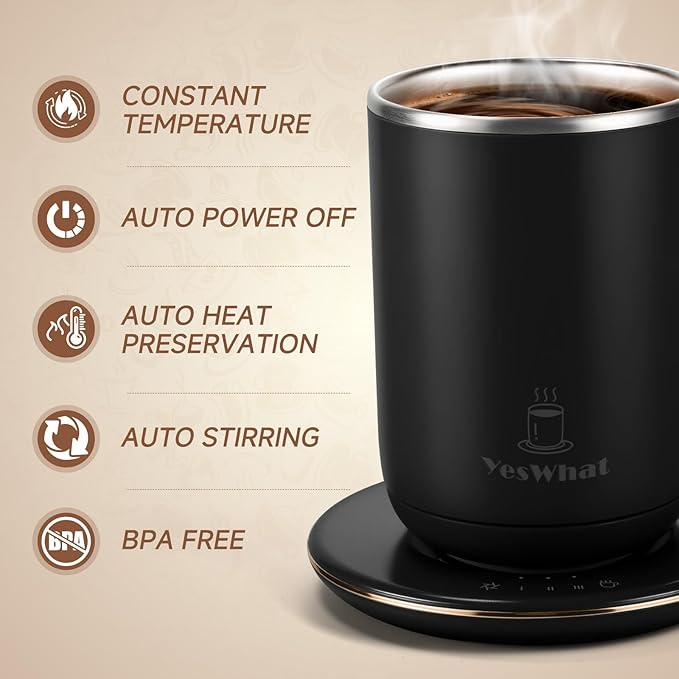Self Stirring Coffee Mug with Temperature Control,Type-C Heated Magnetic Mixing Cup,3 Heat Levels,8-Hour Auto Shut-Off,USB Rechargeable Stainless Steel Smart Mug for Milk Protein Shakes Black 11oz