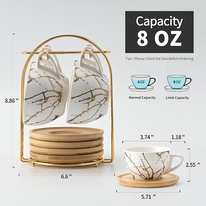 LUKA Ceramic Demitasse Espresso Cups Set with Saucers and Metal Stand, 8 oz Porcelain Stackable Cappuccino Cups Teacup For Tea, Espresso, Latte, Coffee, Cafe Mocha, Set of 4, White