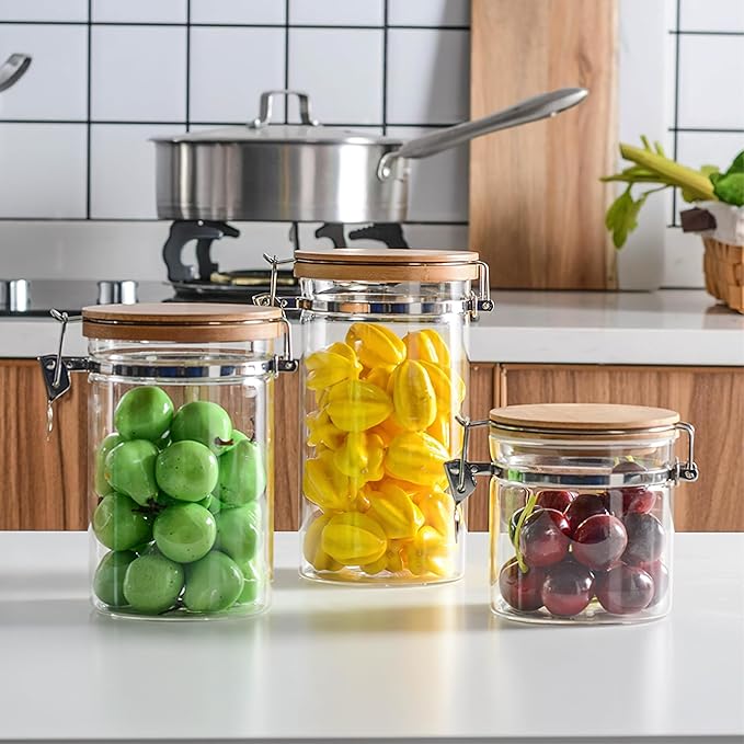 18 oz/550 ml Glass Storage Canister with Airtight Bamboo Lid, Small Clear Decorative Container Jar for Coffee Spice Candy Salt Tea Cookie Condiment Pepper Sugar Overnight Oatmeal Snacks