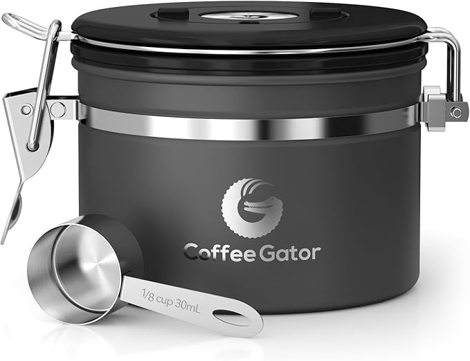 Coffee Gator Coffee Canister, 11oz Airtight Stainless Steel Kitchen Food Storage Container with Date-Tracker, CO2-Release Valve and Scoop for Beans, Grounds, Sugar, Cookies Jars, Tea, Cereal - Gray