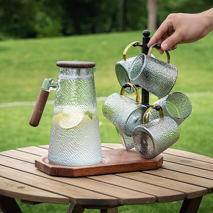 Mug Tree for Large Mugs With 6 Hooks and Coffee Pot Tray - Multi-Function Stand for Counter, Bar Accessory & Kitchen Organizer