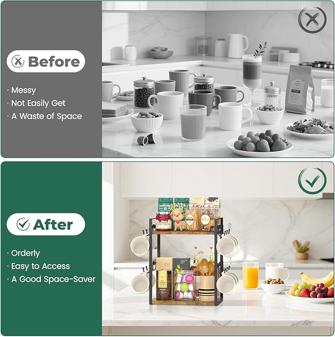 EsLuker.ly 2 Tier Coffee Mug Holder Station Bar Organize Countertop, Mug Cup Tree Rack for Kitchen Office, Storage Shelf with 12 Removable Hooks, Creat Stylish Coffee Corner