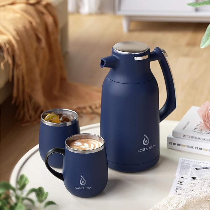 IDEUS Thermal Coffee Carafe 68oz (2,000ml), Stainless Steel Double Wall Insulated Vacuum Flask, Water Jug Coffee Server and Beverage Dispenser, Heat and Cold Retention (Navy Blue, 68oz (2,000ml))