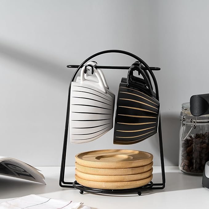 LUKA Ceramic Demitasse Espresso Cups Set with Saucers and Metal Stand, 8 oz Porcelain Cappuccino Cups Teacup For Tea, Espresso, Latte, Coffee, Cafe Mocha, Set of 4, Stripe White & Black