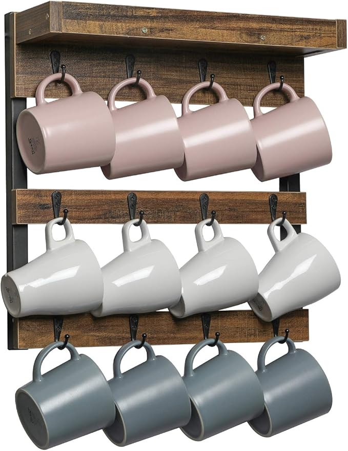 OROPY Coffee Mug Rack Wall Mounted, Rustic Wood Cups Rack with 12 Hooks and Storage Shelf, for Home Kitchen Display and Collection (Rustic Brown)