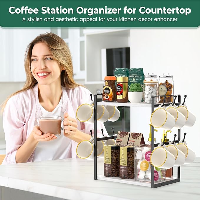 EsLuker.ly 2 Tier Coffee Mug Holder Station Bar Organizer Countertop, Mug Cup Tree Rack for Kitchen Office, Storage Shelf with 12 Hooks, Creat Stylish Coffee Corner, White-Black