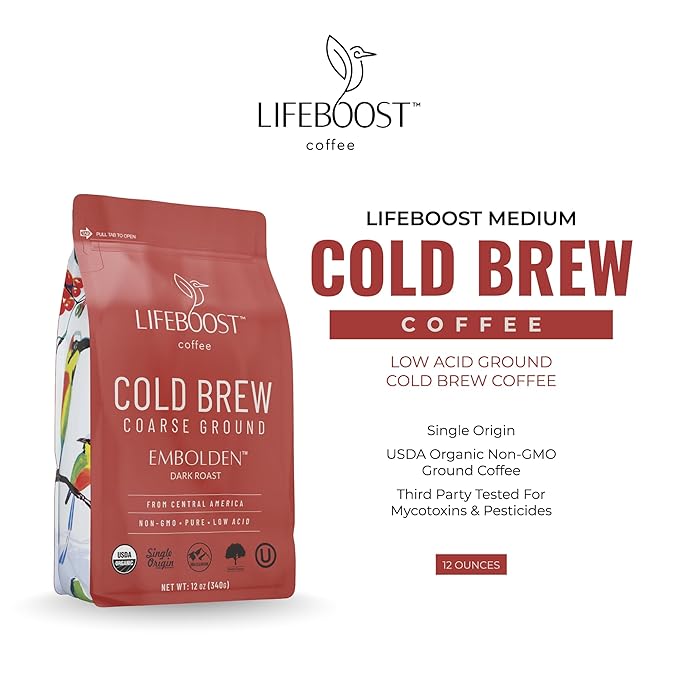 Lifeboost Dark Cold Brew Coffee - Single Origin Non-GMO USDA Organic Low Acid Coarse Ground Coffee for Cold Brew - 3rd Party Tested For Mycotoxins & Pesticides - 12 Ounces