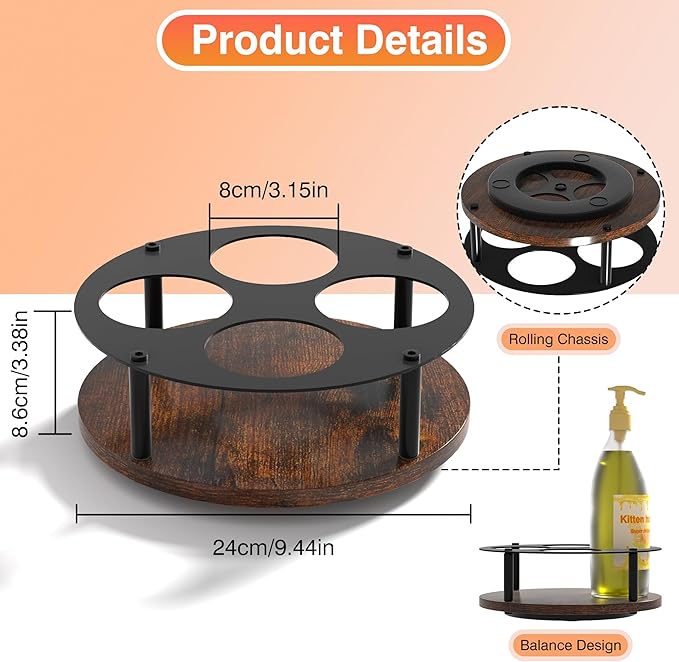 Invech Rotating Coffee Syrup Rack, Wood Syrup Holder for Countertop & Coffee Bar, 4 Bottles Turntable Wine Display Tray for Bar