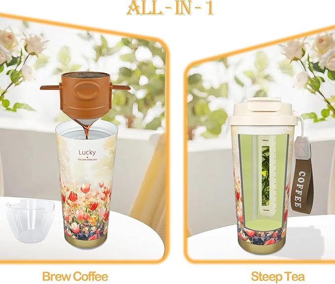 17oz Camping Coffee Makers with Ceramic Coating,Camp Pour Over Coffee Maker Set,Double Wall Vacuum Leak-Proof Mug for Office School Party Camping,Tea Infuser Mug for Loose Leaf Tea (17oz Lucky Tulip)