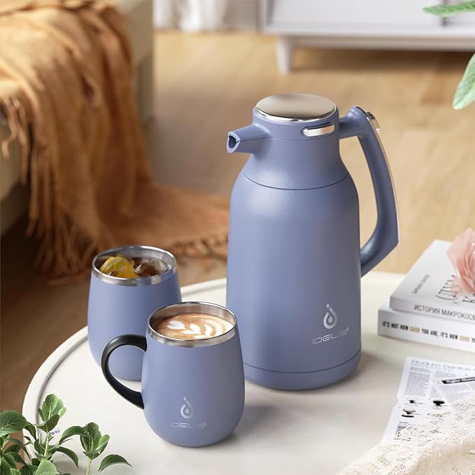 IDEUS Thermal Coffee Carafe 68oz (2,000ml), Stainless Steel Double Wall Insulated Vacuum Flask, Water Jug Coffee Server and Beverage Dispenser, Heat and Cold Retention (Ocean Blue, 68oz (2,000ml))