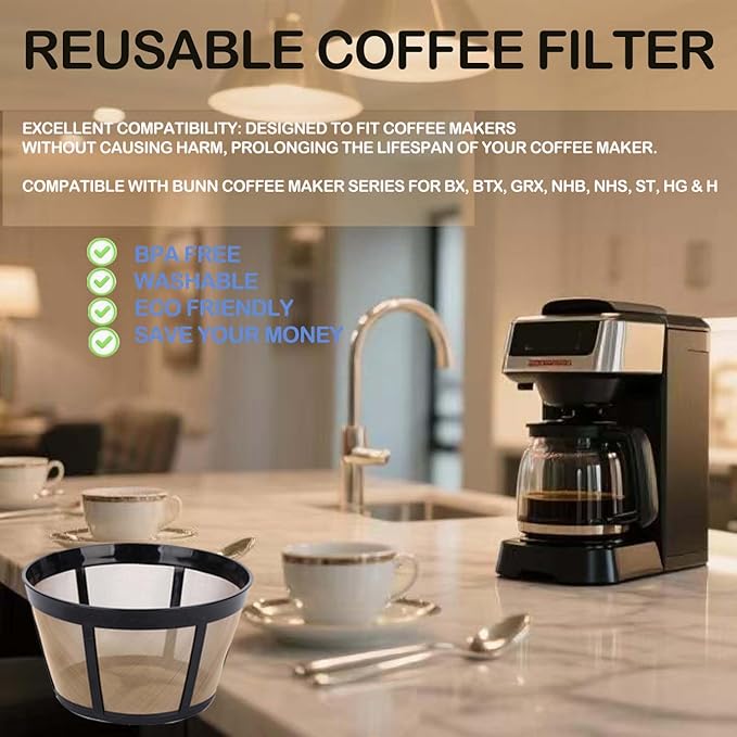 Blisshour Reusable Coffee Filter, Fits BUNN Coffee Maker, Replaces BUNN Filters (8-12 Cup)