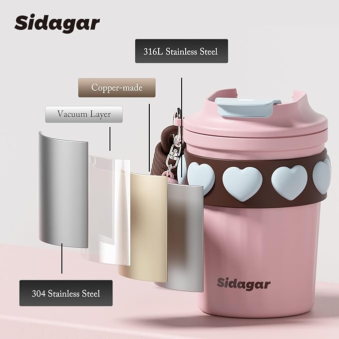 12 oz Travel Coffee Mug Spill Proof Leak Proof, Stainless Steel Thermal Coffee Cup with Lid, Resuable Cup for Hot and Cold, Portable Tumbler for Women, Light Pink