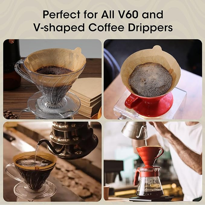 V60 Coffee Filters 02, ONIOU Unbleached Size 02 Cone Coffee Filters, 100 Count Natural Brown Pour Over Paper Filters for Hario V60 & Others 1–4 Cup Coffee Dripper - Package May Vary