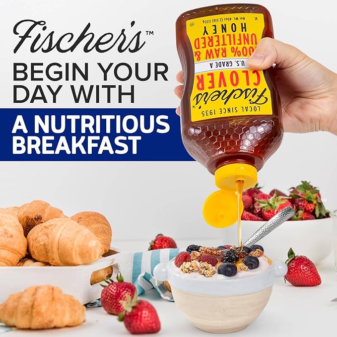 Fischer's 100% Pure Clover Honey, 40 oz – Unfiltered Raw Honey in a Squeeze Bottle – All-Natural Sweetener – Rich Flavor Profile, Packed with Nutrients