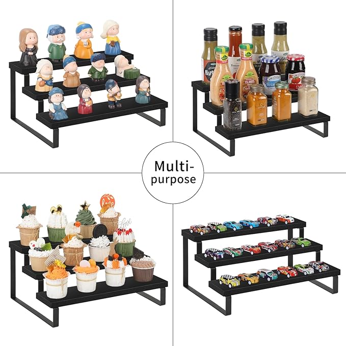 YINMIT Wooden Display Riser Stand, Tiered Perfume and Cologne Organizer Stand, 3 Tier Spice Rack Organizer, Rustic Display Shelf for Candles (3 Tier,Black)
