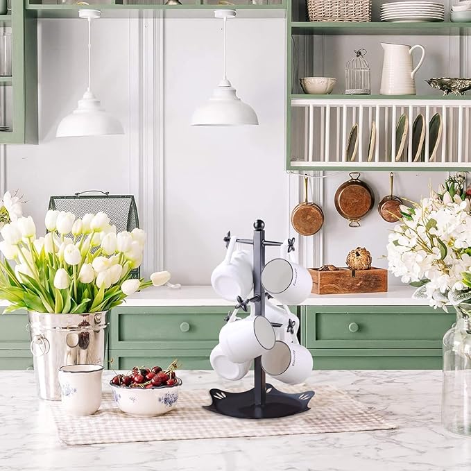 Coffee Mug Holder for Countertop, Cup Holder with 6 Hooks, Mug Stand for Counter, Coffee Bar Accessory, Mug Tree Station Organizer, Black