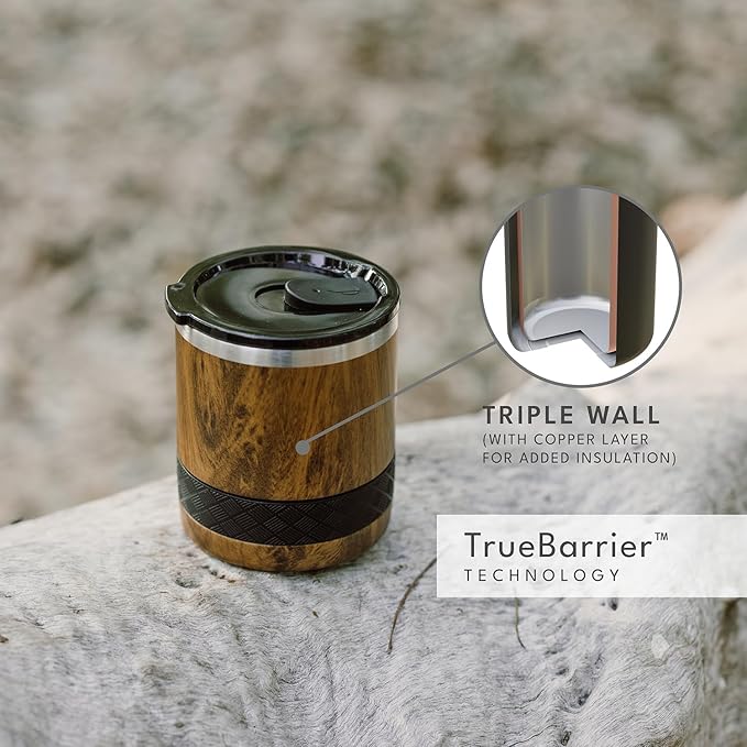 Elemental Recess Lowball Tumbler, 10oz Triple Wall Stainless Steel Cup with Non-Shattered Tritan Lid, Insulated Whiskey Glass, Insulated Coffee Tumbler Mug for Hot & Cold Drinks - Teak Wood