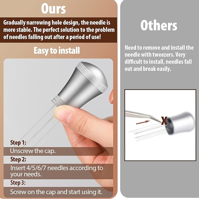 WDT Espresso Distribution Tool Espresso Stirrer Tools for Barista, 0.35mm 7 Needles Espresso Coffee Stirrer with Extra 7 Replaceable Needles, Aluminum Alloy Handle with Stand (Silver)