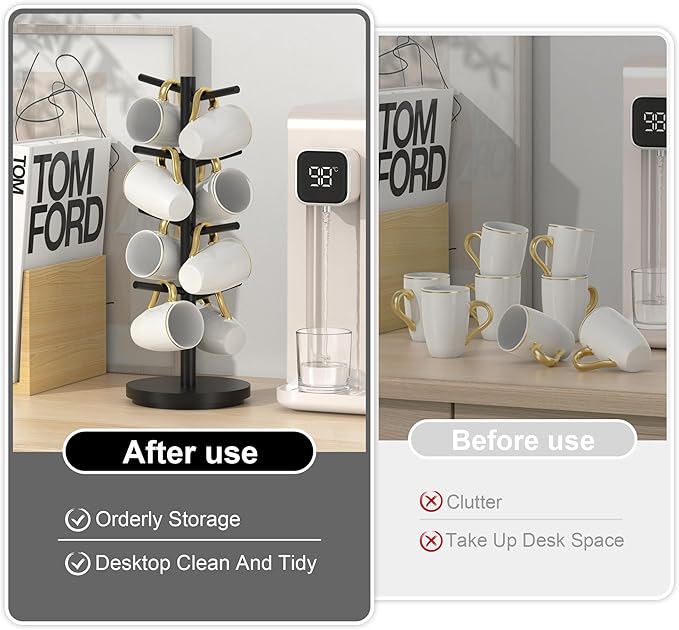 Wisuce Coffee Mug Holder Tree Upgraded 360Rotated Cup Holder for Counter Black Wood Cup Tree Mug Rack Organizer Stand with 8 Hooks for Kitchen Coffee Bar Accessories