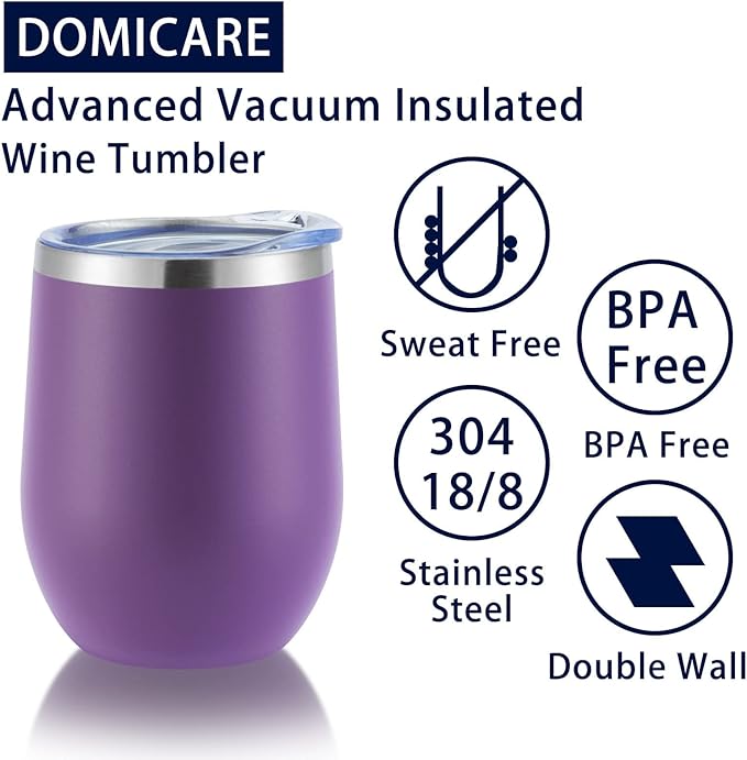 DOMICARE Stainless Steel Wine Tumbler Bulk with Lid, Personalized Insulated Tumblers Set, 12oz Travel Coffee Cups Pack of 16, Purple