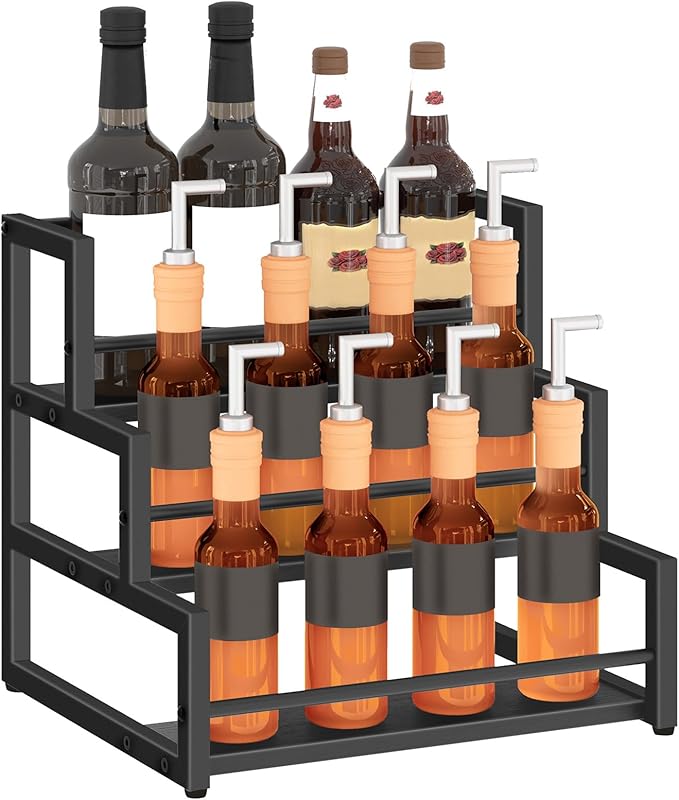 HOOBRO Coffee Syrup Rack Organizer, 3-Tier 12-Bottle Syrup Holder Stand for Coffee Bar, Wine Rack Countertop Storage Rack for Syrup, Wine, for Kitchen Coffee Station, Black BB38JJ01