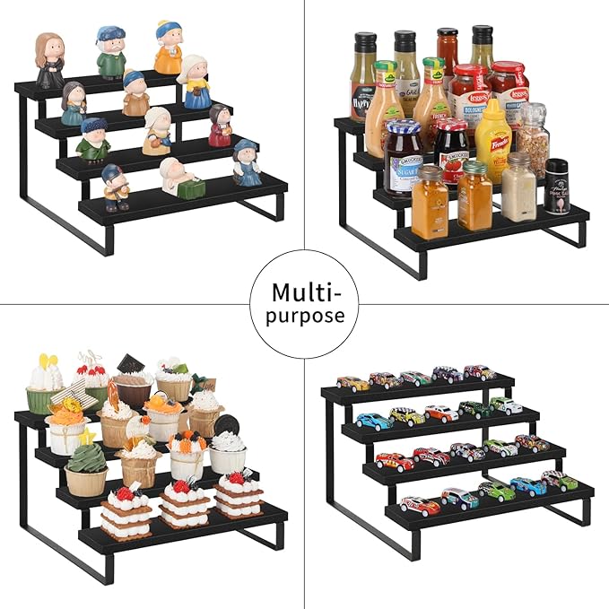 YINMIT Wooden Display Riser Stand, Tiered Perfume and Cologne Organizer Stand, 4 Tier Spice Rack Organizer, Rustic Display Shelf for Candles (4 Tier,Black)