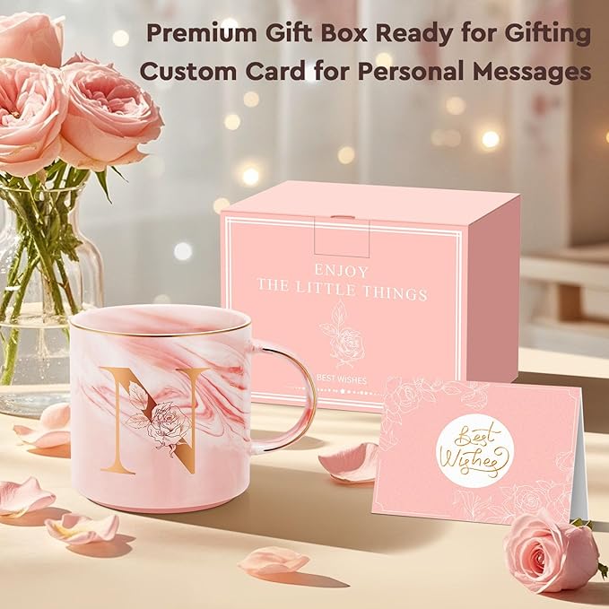 Personalized Gifts for Women Coffee Mug, Initial Customized Gift Monogrammed A-Z Coffee Mug 12 OZ, Christmas Anniversary Birthday Gifts for Women Mom Grandma Friend Sister Wife(N)