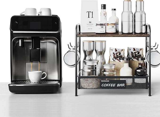 Coffee Bar Organizer for Countertop Station, Simple Assembly 2 Tier Shelf for Home,Office, Coffee Cup Holder Storage Organization for Counter Accessory Storage Rack with 4 Hooks Space-Saving