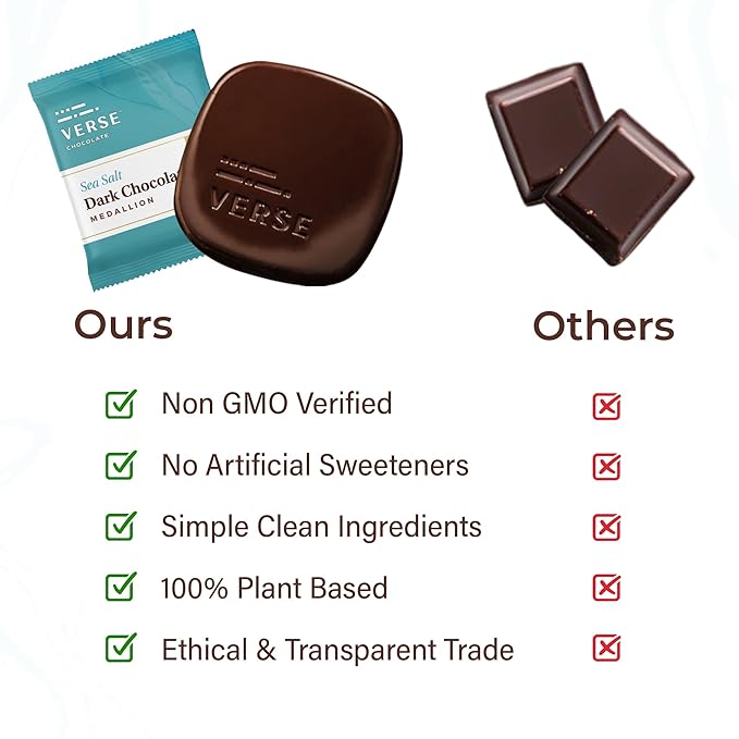 Verse Dark Chocolate Sea Salt Squares - Only 3g Cane Sugar - Creamy 70% Cocoa Dark Chocolate - Individually Wrapped Cacao Bar Squares (30 Count)