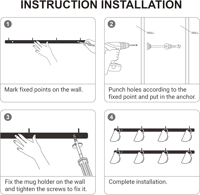 Dahey Metal Coffee Mug Rack Wall Mounted with 8 Hooks, Set of 2, Mug Display Rack Cup Holder Storage for Kitchen Dining Room Coffee Bar, Black