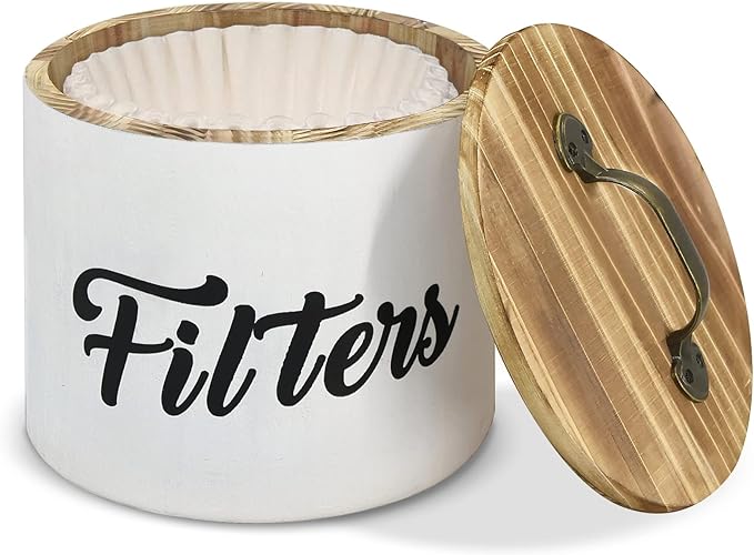 Coffee Filter Holder, Farmhouse White Filter Storage Container Basket for Counter, Wooden Case, Coffee Bar Accessories