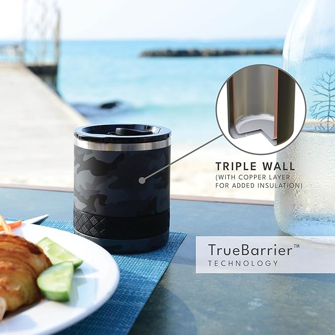 Elemental Recess Lowball Tumbler, 10oz Triple Wall Stainless Steel Cup with Non-Shattered Tritan Lid, Insulated Whiskey Glass, Insulated Coffee Tumbler Mug for Hot & Cold Drinks - Black Camo