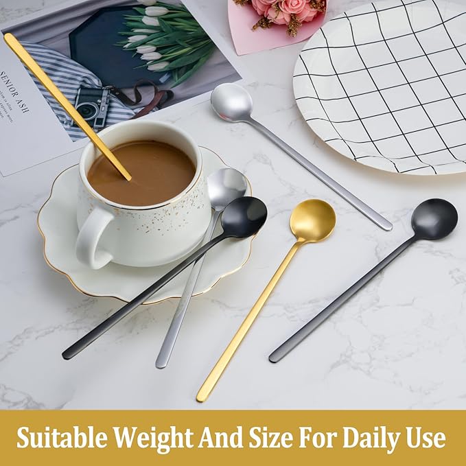 12 Pcs Coffee Spoons Set, 6.7" Gold Tea Spoons Long Handle, Gold Small Teaspoons, Stainless Steel Espresso Spoon, Long Spoon for Stirring, Coffee Bar Accessories