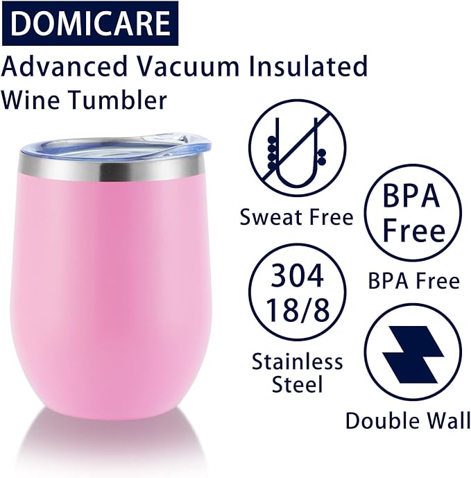DOMICARE Stainless Steel Wine Tumbler Bulk with Lid, Personalized Insulated Tumblers Set, 12oz Travel Coffee Cups Pack of 8, Pink